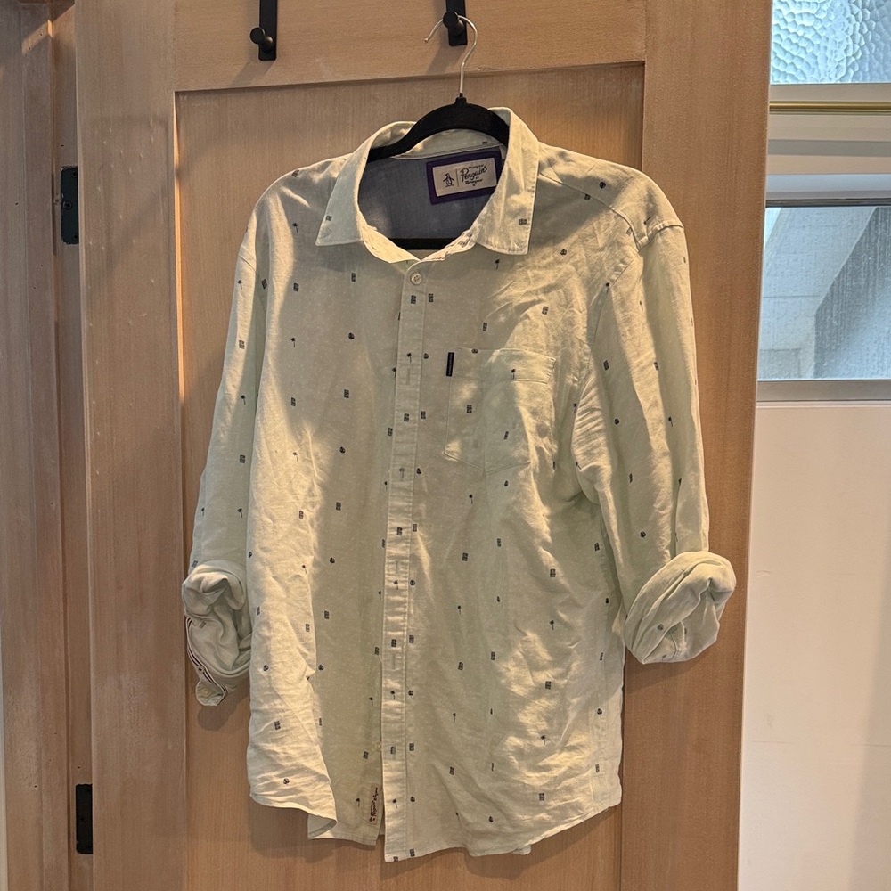 Original Penguin Blue Palm Tree- Patterned Button Down Shirt